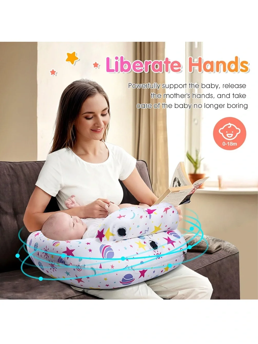 Portabuddy Inflatable Nursing Bib Pillow - White with Pink & Yellow Stars